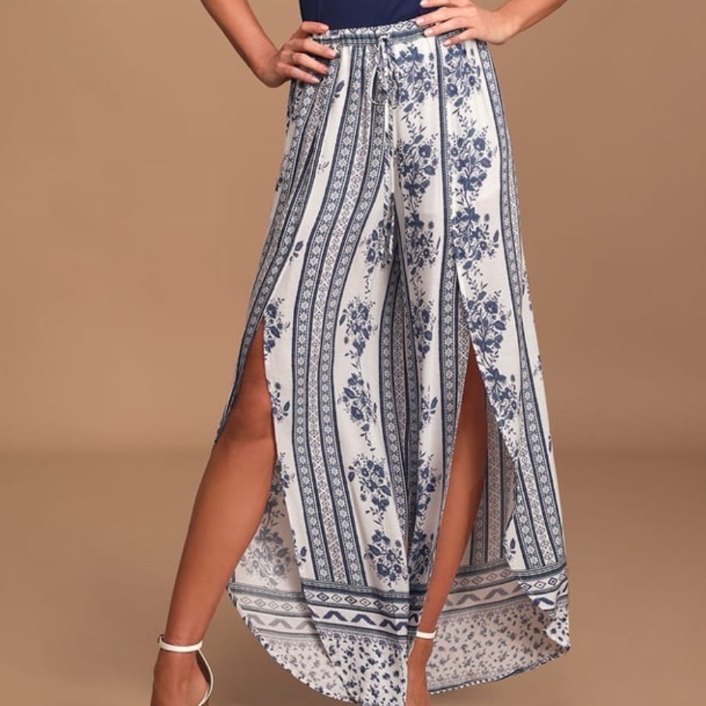 Lulus Best Buds White and Blue Floral Print Wide-Leg Pants